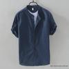 Men's Dark Blue Stand-Up Collar Linen Shirt: Short-Sleeved, Retro, Breathable, Casual, Japanese Style