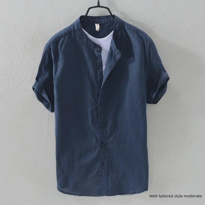 Men's Dark Blue Stand-Up Collar Linen Shirt: Short-Sleeved, Retro, Breathable, Casual, Japanese Style