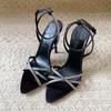 Women's Crystal High Heel Sandals Summer Sexy Pointed Toe Stilettos Brown Satin Rhinestone Ankle Strap Party Wedding Shoes