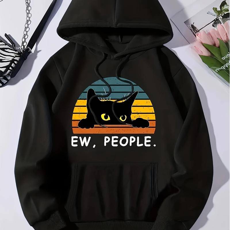 

Футболка с капюшоном для женщин с принтом кошки и надписью «Ew People», осенне-зимняя, повседневная, милая, модная, с круглым вырезом, длинным рукавом и флисовой подкладкой. Толстовки, одежда. 3XL