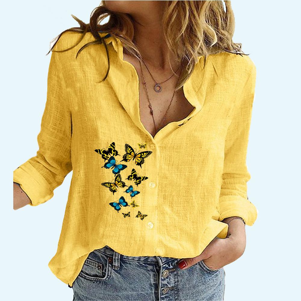 

Женская мода блузки с принтом весна и осень повседневный льняной топ с длинными рукавами женский кардиган рубашка с длинным рукавом 5XL жёлтый