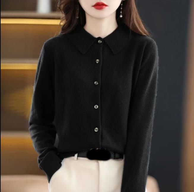 Women's POLO Collar Knitted Cardigan Basic Versatile Top Spun Wool Jacket Elegant Single Breasted Sweater
