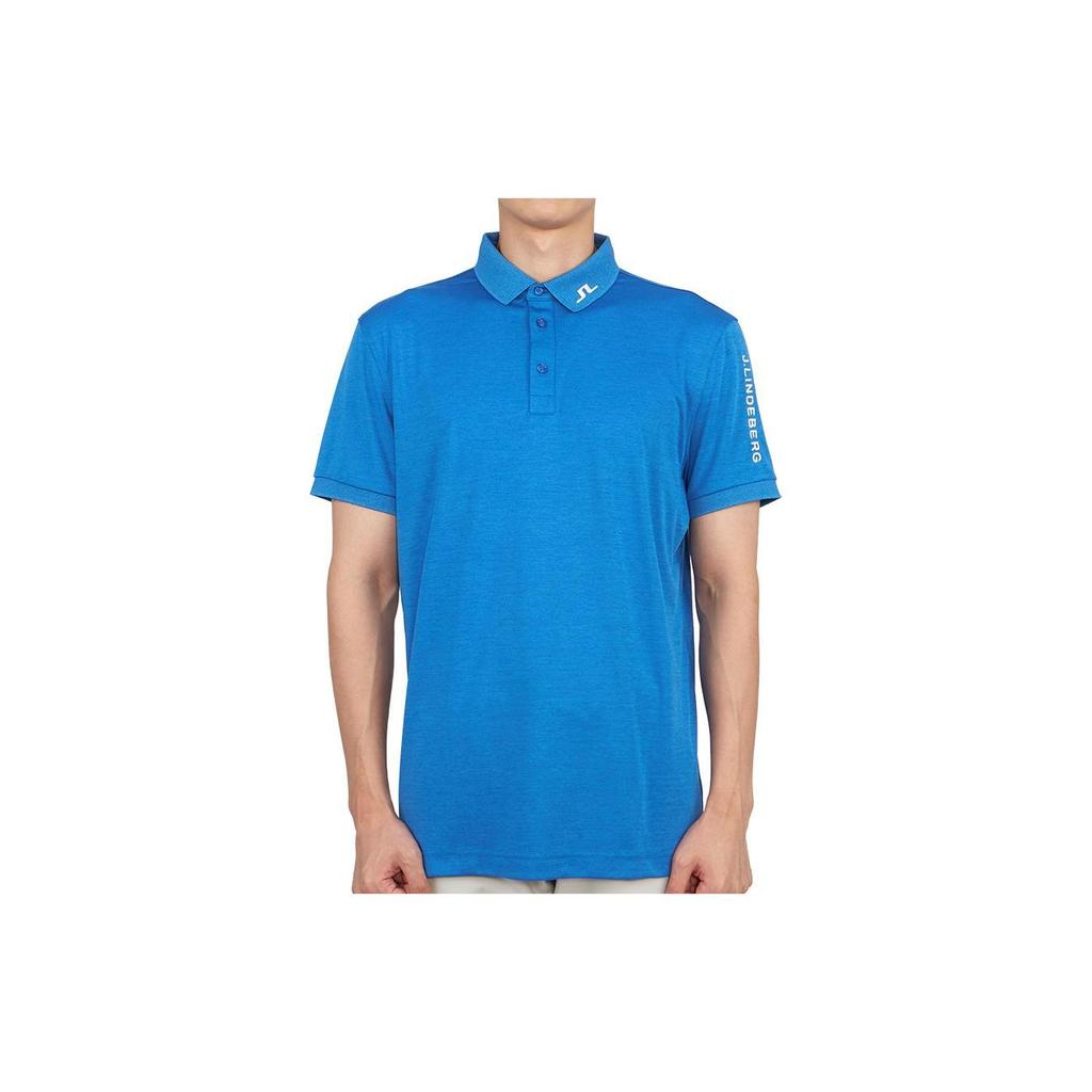 J.LINDEBERG Solid Color Polo Neck Button Letter Brand Logo Embroidered Slim Fit Short Sleeve T-Shirt Men Tops Blue GMJT07642-O478