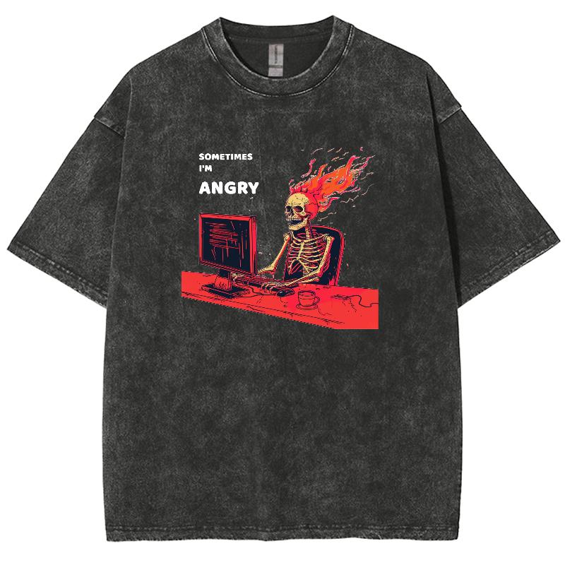 Skull Play Computer Print Women's T-Shirt Cotton Wash Oversized Loose Short Sleeve Design High Street Top Summer