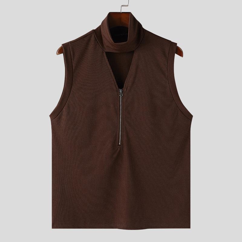 INCERUN Men High Neck Sleeveless Solid Vest Zipper Knitted Tank Tops