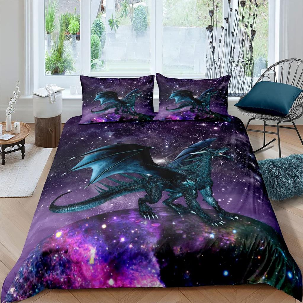 Galaxy Dragon Duvet Cover Sets For Kids Boys Girls Queen Lightweight Quilt Covers Starry Sky Jungle Animals Dragon Bedding Set