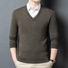 100% Pure Wool Slim-Fit Knitted V-Neck Pullover for Middle-Aged and Elderly Men