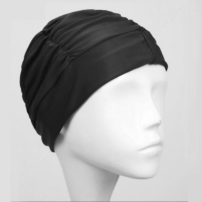 

Comfortable Unstrung Long Hair Pleated Swimming Cap Solid Color Cloth Women s Nylon Hat чорний