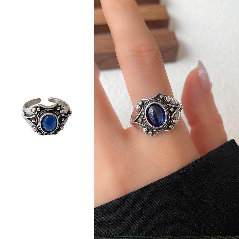

Retro Blue Resin Ring For Women Gothic Sterling Silver Adjustable Open Ring Vintage Trendy Unisex Accessories Gift Adjustable