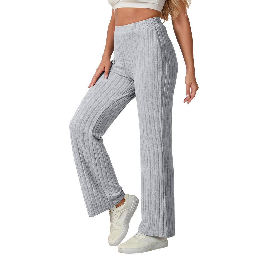 Women's Loose Straight Leg Leggings, High-Waisted Elastic Ribbed Knit Casual Pants, Comfortable And Warm Sweater Pants, Soft Home Pants