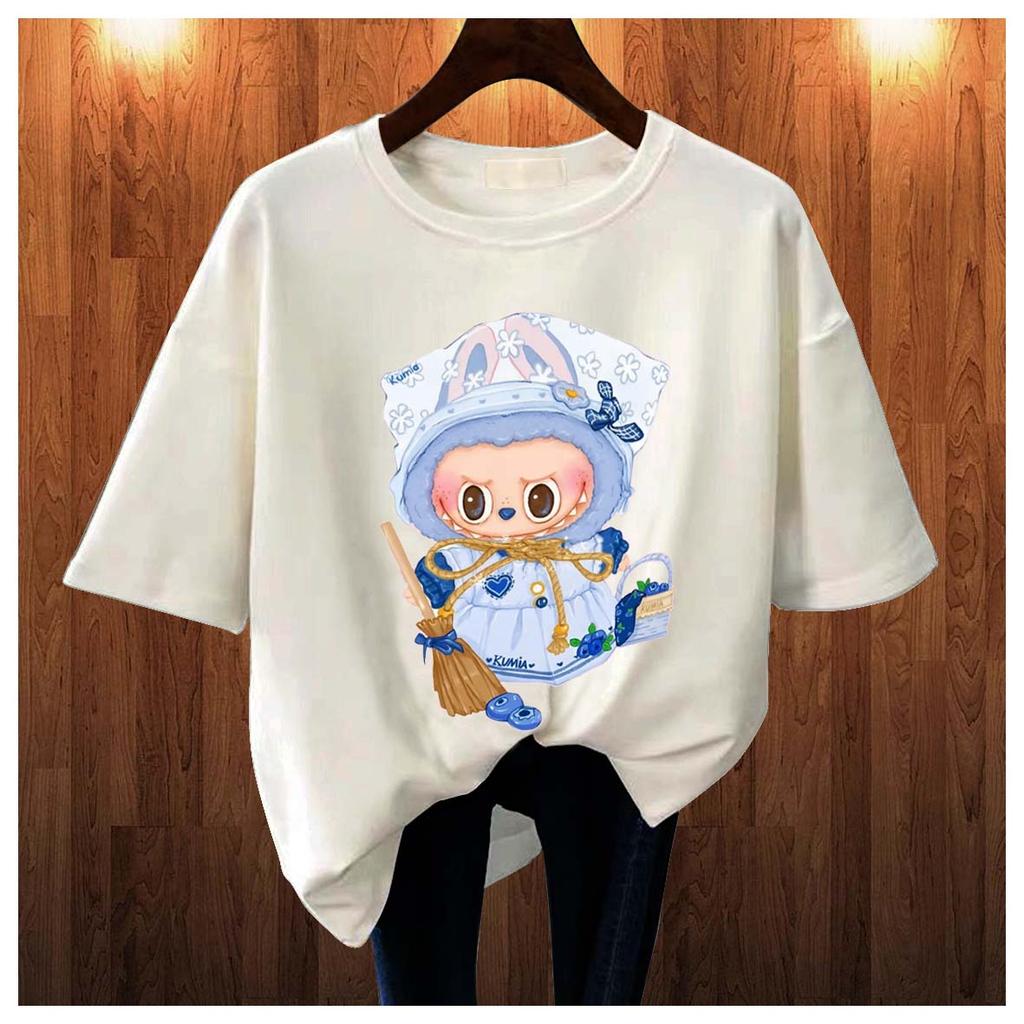 New Labubu Children's T-shirt Maid Outfit LABUBU Pattern Round Neck Short Sleeved Casual Versatile Girl's Top