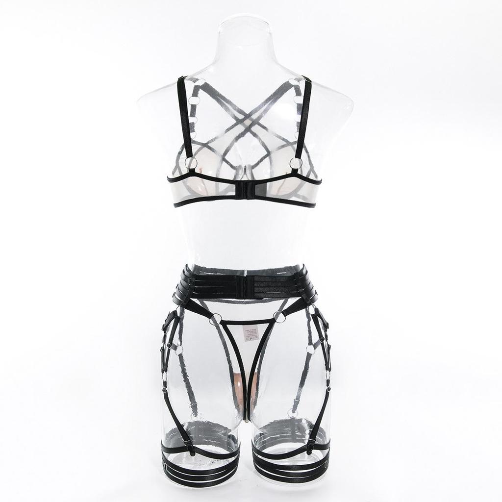 Sexy European & American Cross-Stitched Underwire Lingerie Three-Piece Set