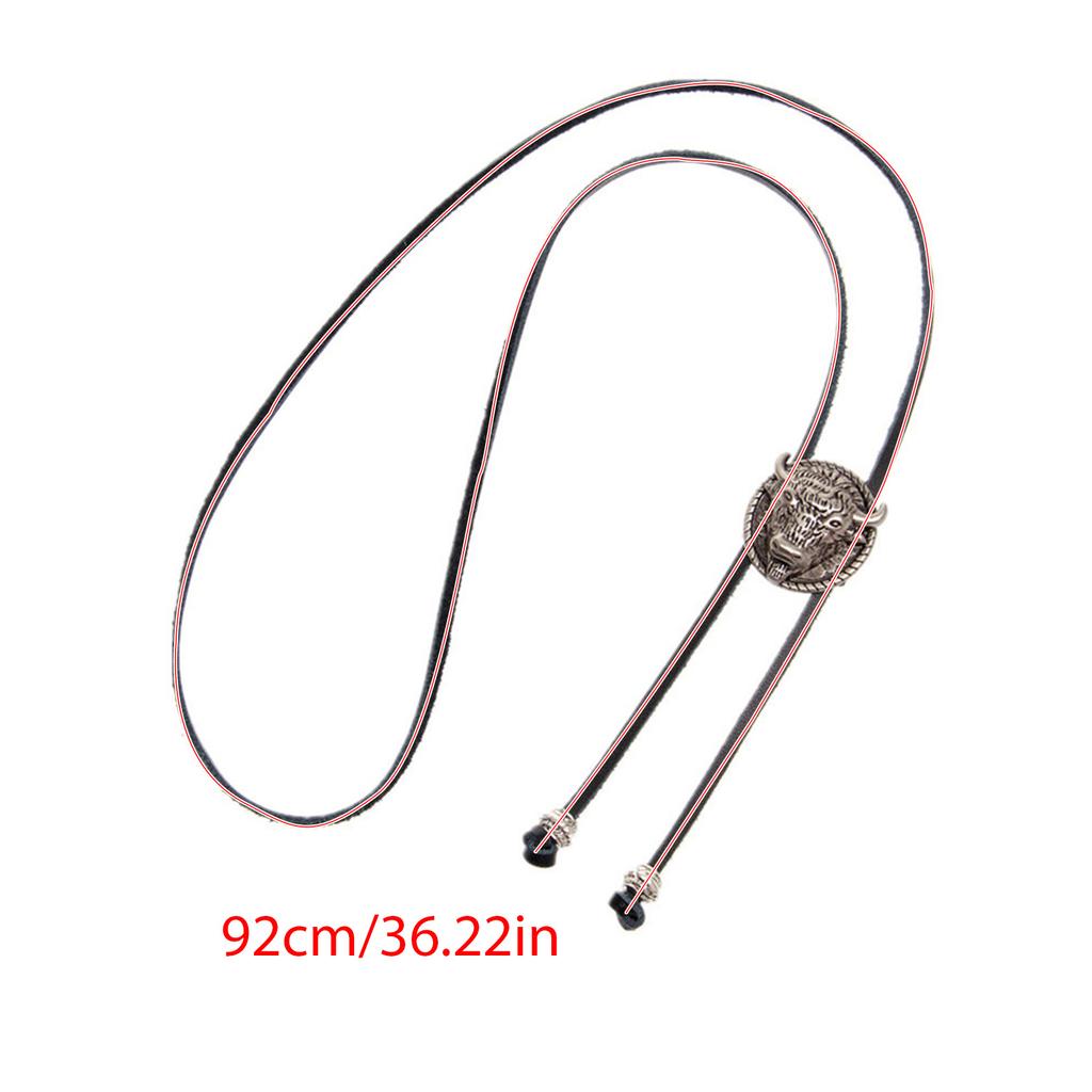 Bolo Tie Handmade Round Shape Western Cowboy Bola Tie Bull Head Faux Leather Pendant Necklace for Men