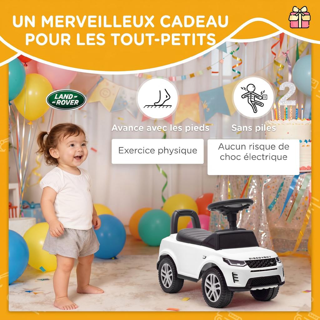 Ride-On Car for Children, Land Rover, Push Vehicle, Horn, Engine Sounds, Under-Seat Storage, White