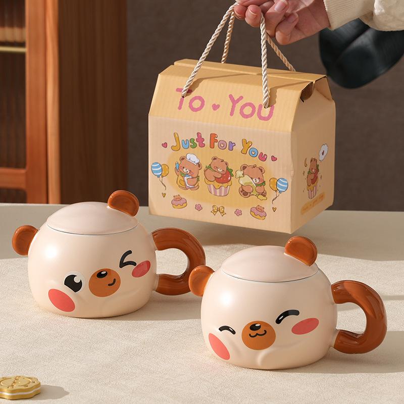 Creative Cartoon Bear Ceramic Cup With Lid Household Breakfast Children'S Couple Cup High Value Gift