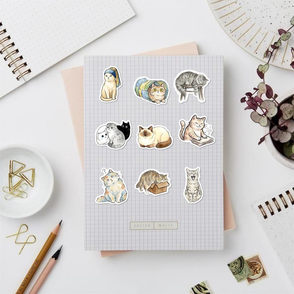 50 Watercolor Cute Cat Stickers Cute Pet Cat Water Cup Hand Account Flat Waterproof Pp Stickers