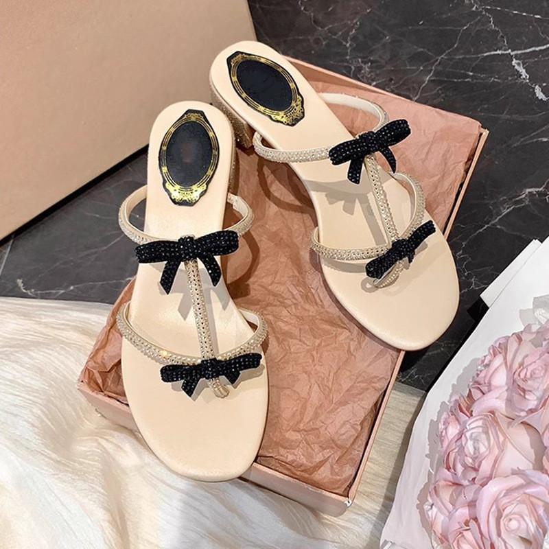 Fashion Luxury Crystal Glitter Bowknot Narrow band Women Slipper Sandals Comfor Square heeled Mules Slides Summer Female Daily Shoes