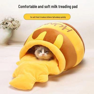 Lit Chat et Chien Pot de Miel: Chaleur Hivernale Épaissi, Universel Quatre Saisons, Litière Mignonne Semi-Fermée Petit Abeille pour Animal de Compagnie