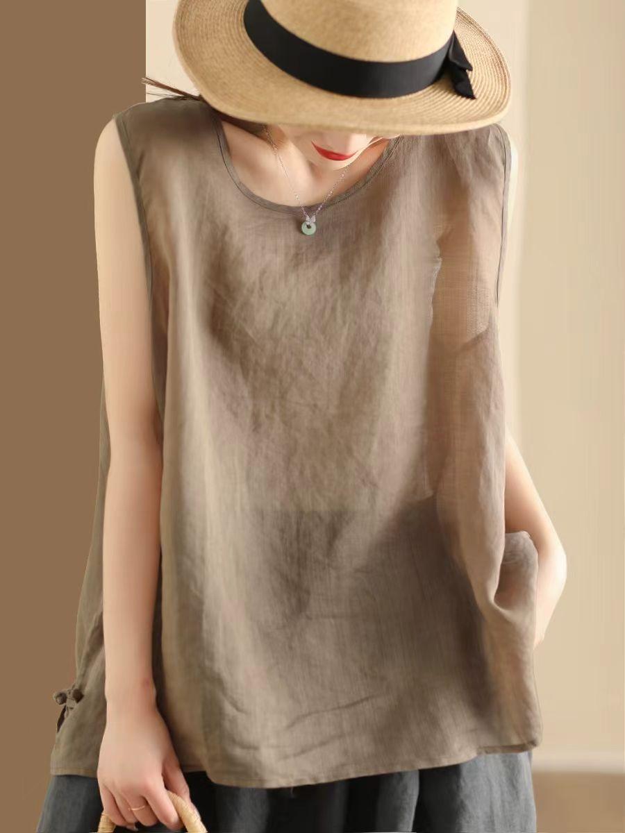 

Johnature Женские винтажные майки-топы, однотонные, летние, с круглым вырезом, без рукавов, на пуговицах, повседневные женские майки-топы One Size