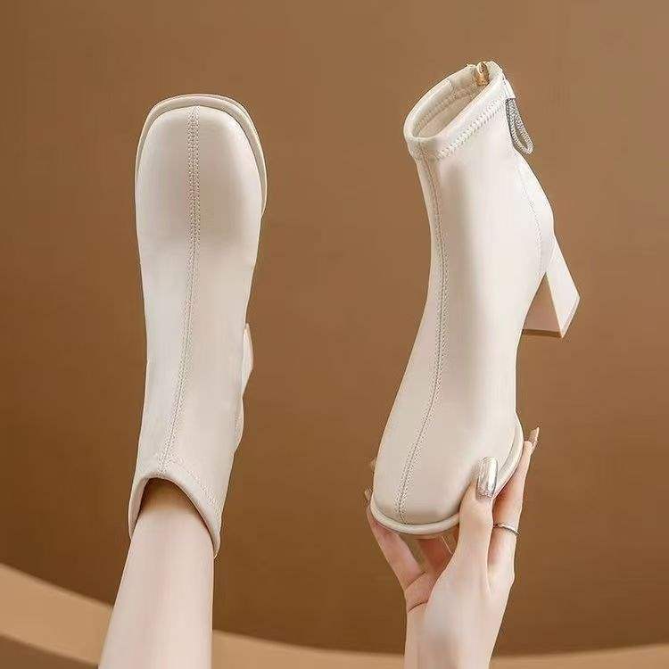 French soft leather short boots ankle boots 2025 new autumn and winter thick heel Martin boots square head velvet short tube thin boots women