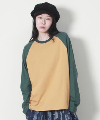 Deumakeu Loose Fit Color Mix Raglan T-Shirt Khaki & Mustard