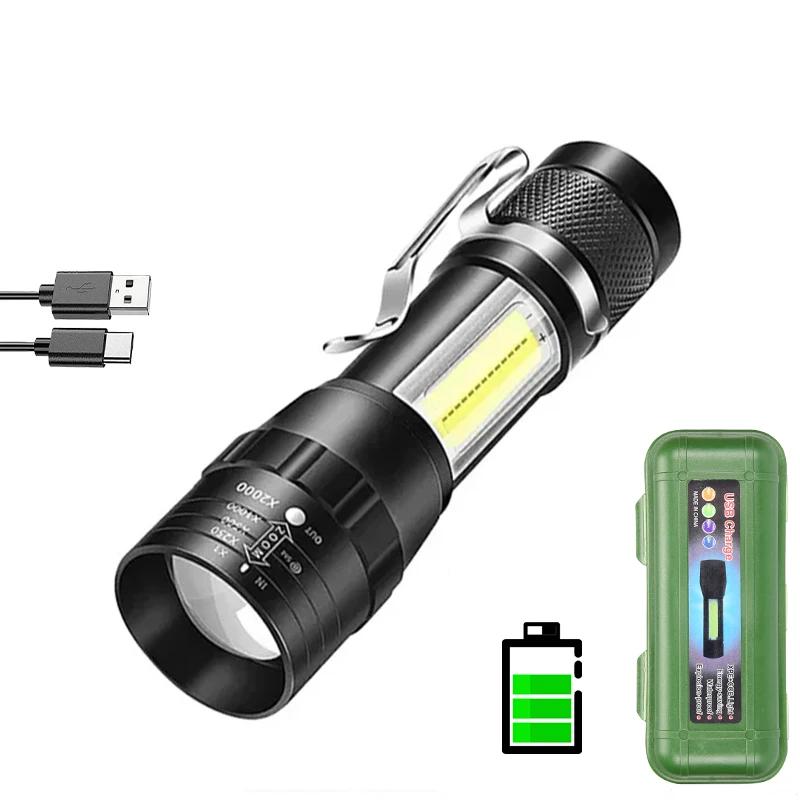 2PCS Mini COB LED Flashlight Rechargeable Zoom Torch Tactical Lamp Outdoor Camping Waterproof Emergency Lantern with Pen Clip