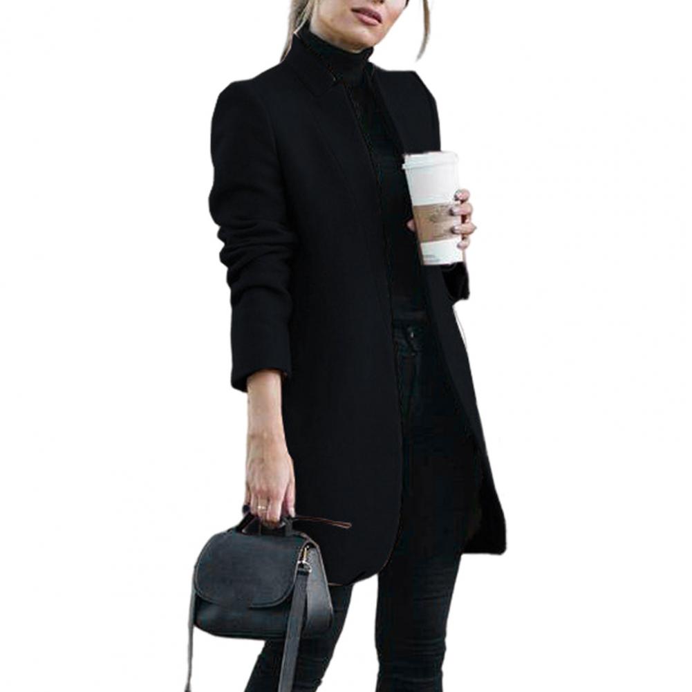 

Осень-весна женское шерстяное пальто с воротником-стойкой, открытым швом, приталенное пальто с длинными рукавами, средней длины, однотонное, для поездок на работу, официальное M чёрный