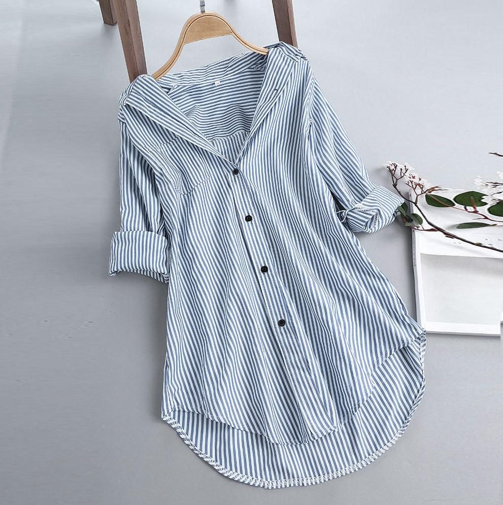 Women's Striped Shirt with Long Sleeves and Turn Down Collar with Buttons Loose Top Shirt Blouse