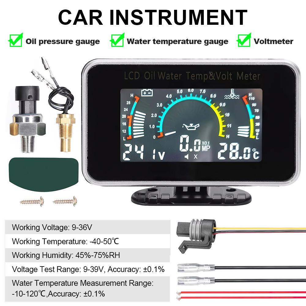 Car LCD Meter Digital Oil Pressure Voltage Water Temperature Gauge 3-in-1 Universal Instrument 9-36V for Car Truck SUV RV
