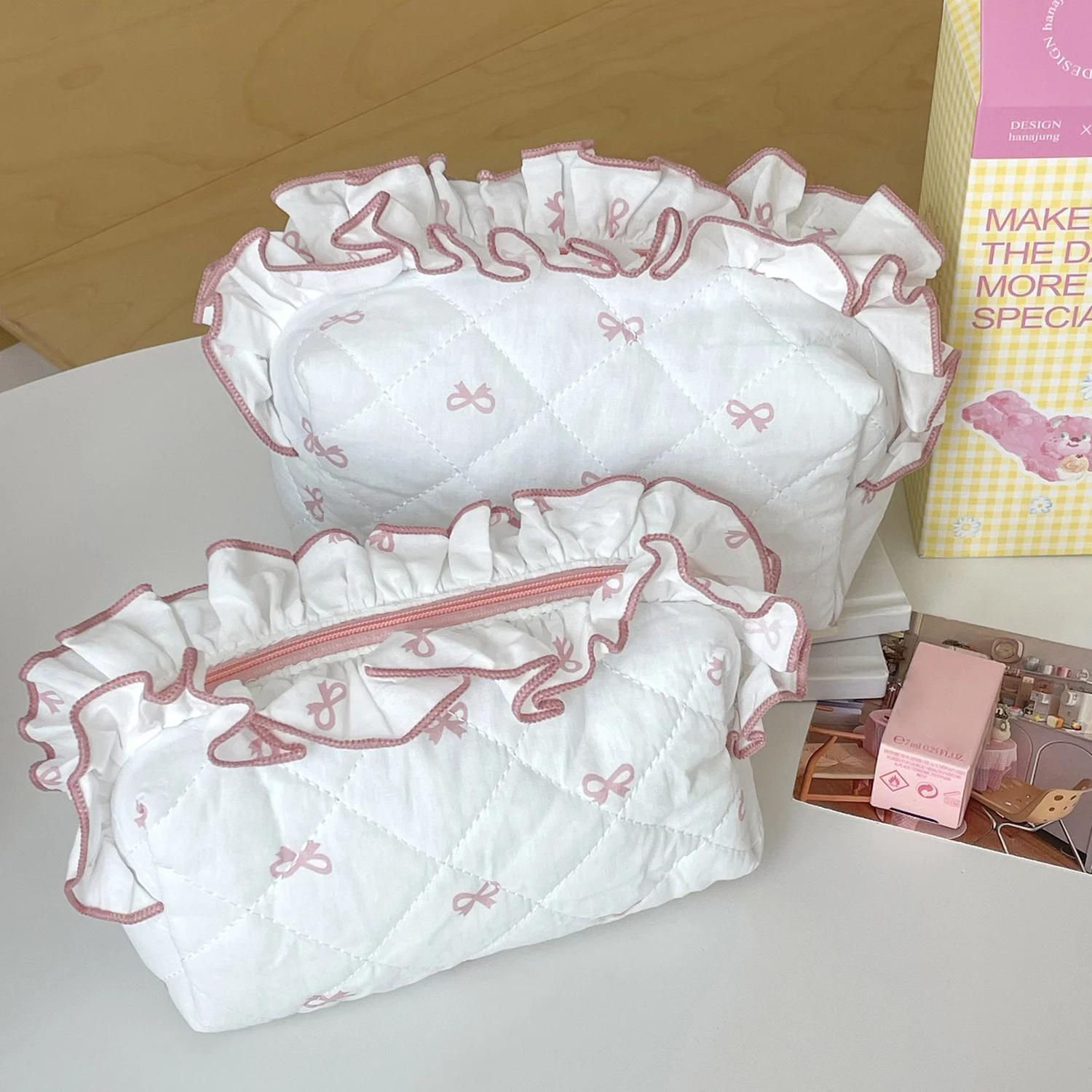

Women Lace Bow Makeup Bag Portable Cosmetic Bag Cute Travel Storage Bag Large Capacity Toiletry Pouch Female Handbag S 16.5X8.5X8cm