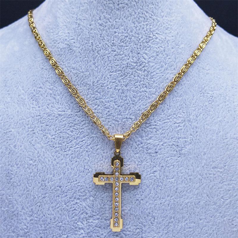 Stainless Steel Design Small-scale Diamond-encrusted Cross Pendant Necklace