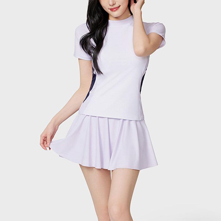 Anta Color Block Round Neck Pullover Short Sleeve Pleated Skirt Two Piece Swimsuit Women swimsuit Light-Purple Pure-White Dark-Blue 1824532486-2