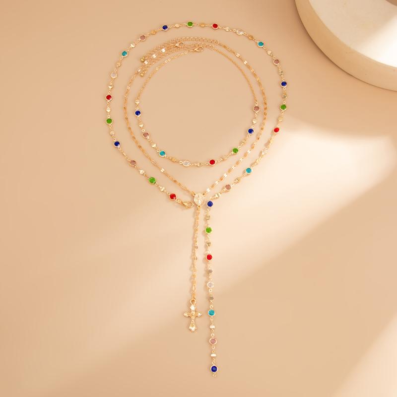 Fashionable Light Luxury Jesus Cross Pendant Necklace Set For Women Trendy Colorful Crystal Chain Choker Christian Jewelry Gift