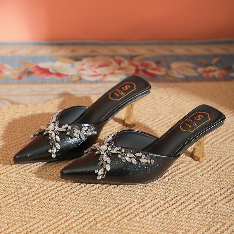 

Новые весенние туфли-баотоу женские из лакированной кожи, сандалии со стразами, остроносые туфли на высоком каблуке, темпераментные 34 чёрный