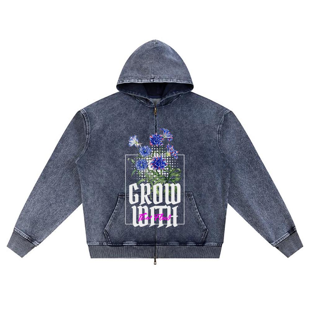 DTG print Knitted Denim Zip-Up Hoodie Grow With The Flow Brother Print Zipper Hoodies  