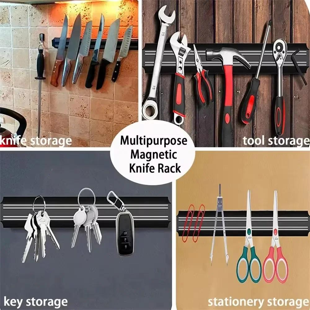 Powerful Magnetic Knife Holder Multifunctional Wall Hanging Knife Rack Strip Black Kitchen Practical Tools Organizer Punch Free