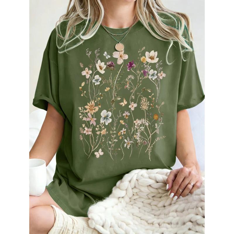 T-shirt da Donna con Stampa di Bellissimi Grappoli di Fiori Estate Oversize Manica Corta Girocollo Magliette in Cotone Y2K Top Sportivi Donna