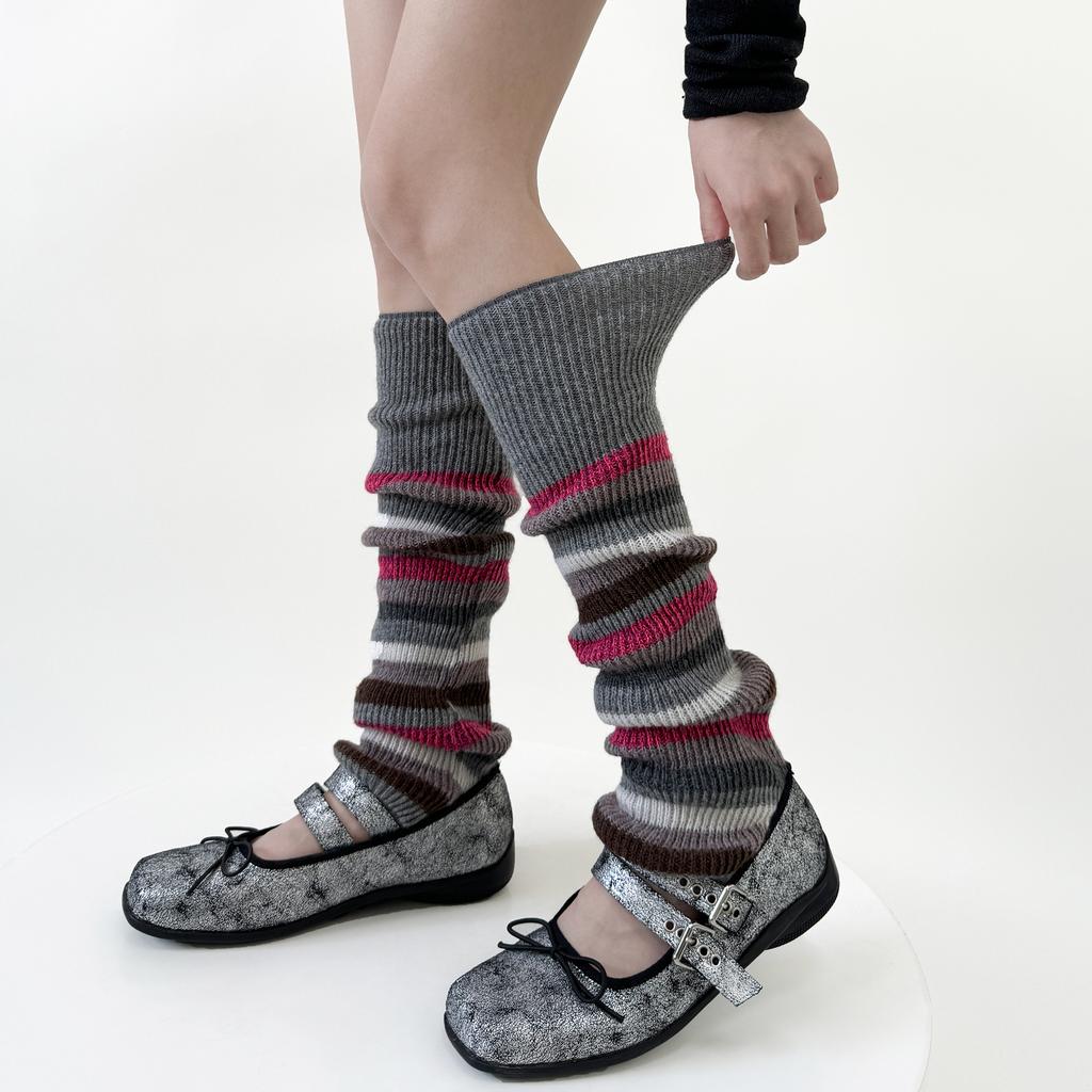 Autumn/Winter Retro Leg Warmers JK Striped Knitted Blocked Leg Cover College Style Wool Warm Foot Cover Stacking Color Socks New