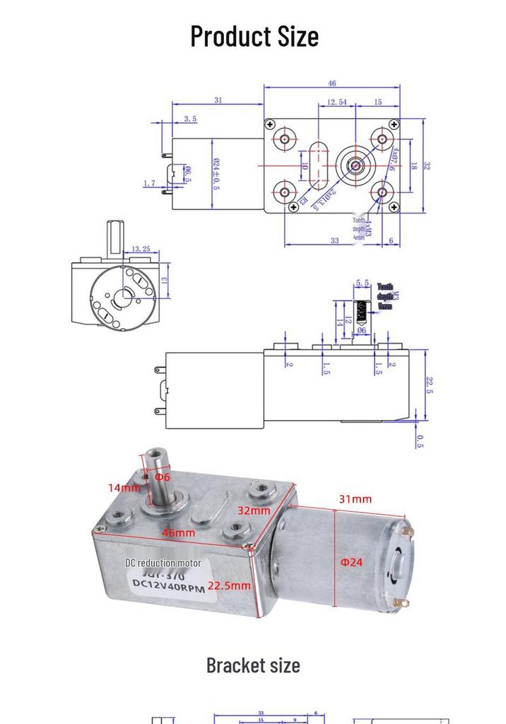 Miniatur-Rechtwinkliger Schneckengetriebemotor JGY370, Einstellbare Niedrige Geschwindigkeit, 6V/12V/24V DC