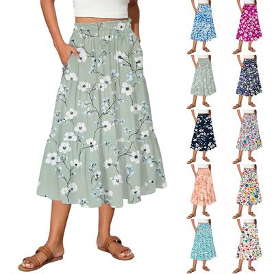 Saias longas femininas esvoaçantes com babados e bainha em A, cintura elástica, elegantes em camadas, estilo boho