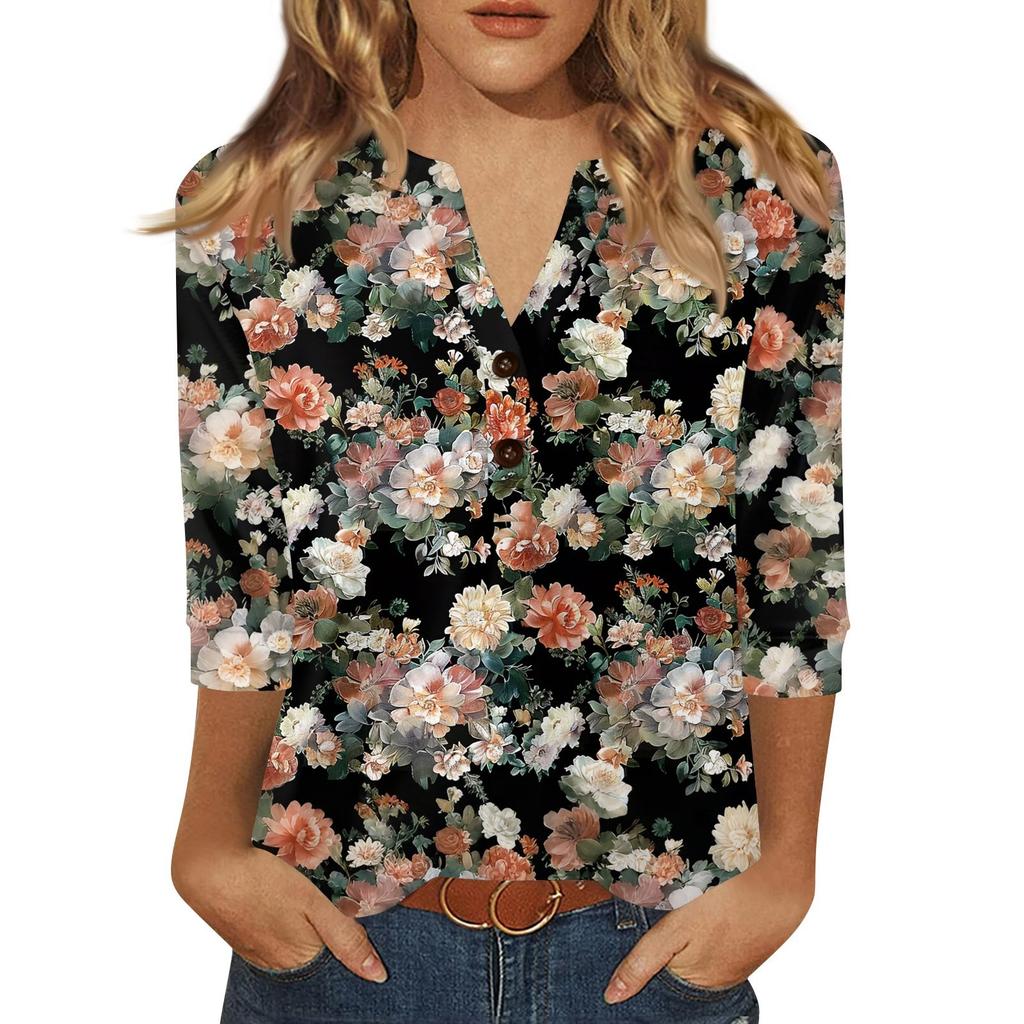 Damen T-Shirt mit Aufdruck, Knopfleiste, 3/4-Ärmel, für den Alltag, Wochenendmode, Basic, V-Ausschnitt, normales Oberteil