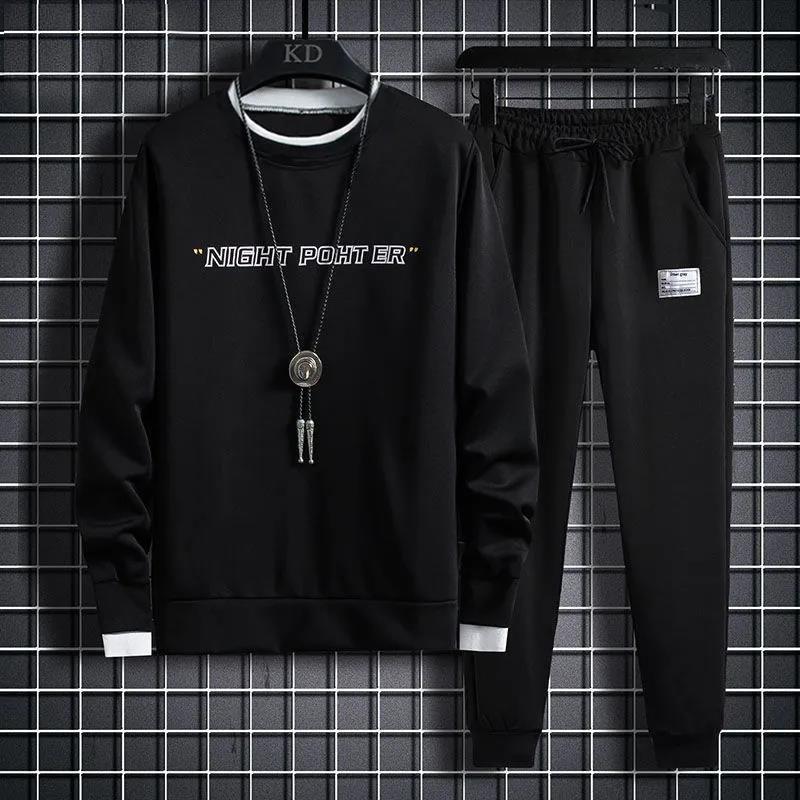 

Студенческий свитер-костюм для подростков, весенняя мужская одежда, повседневный пуловер с капюшоном и брюки, спортивный костюм для подростков M чёрный