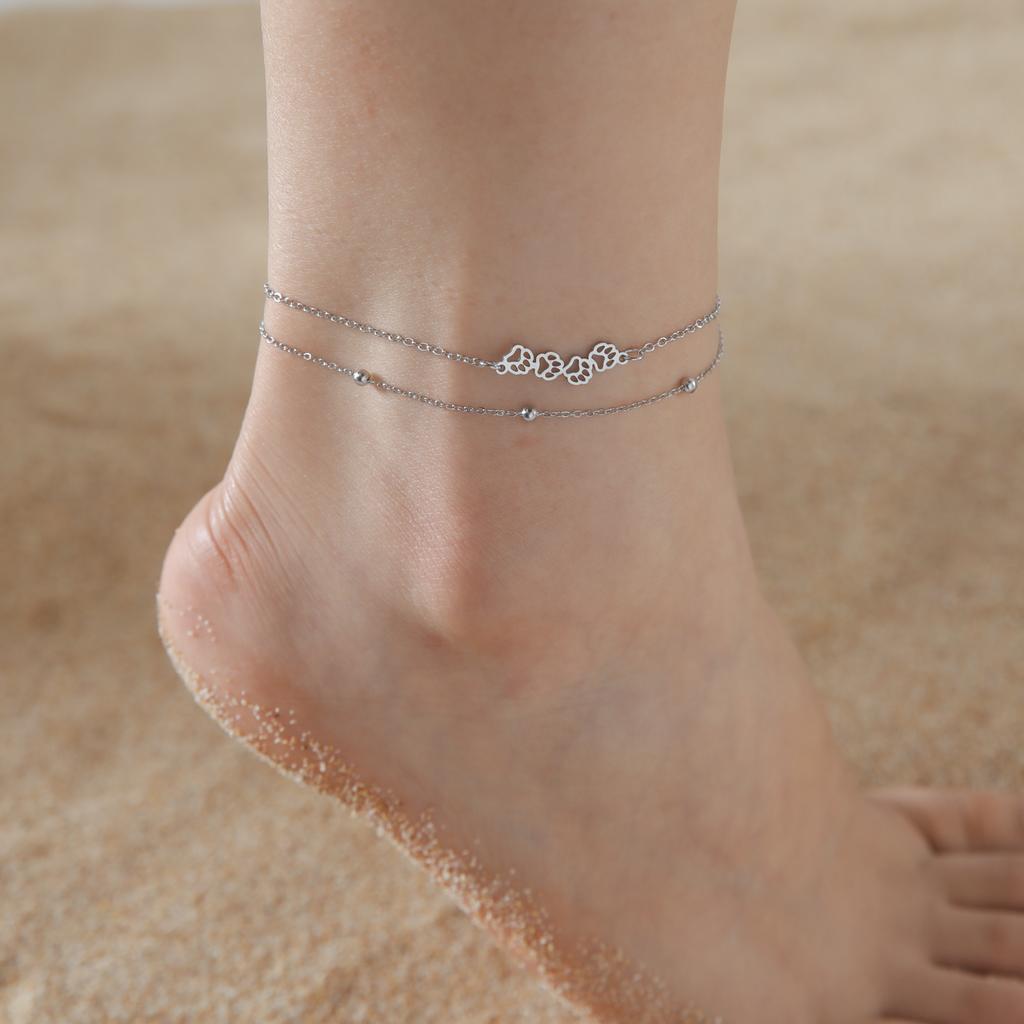 Cazador Animal Cat Dog Paw Anklets for Women Stainless Steel Double Layer Beads Foot Bracelet on the Leg Summer beach Jewelry