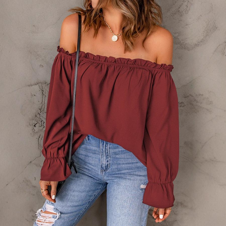 One Word Snow Silk Shirt Women Spring Autumn New Style Solid Color Crew Neck Sexy Off-Shoulder Top for Women