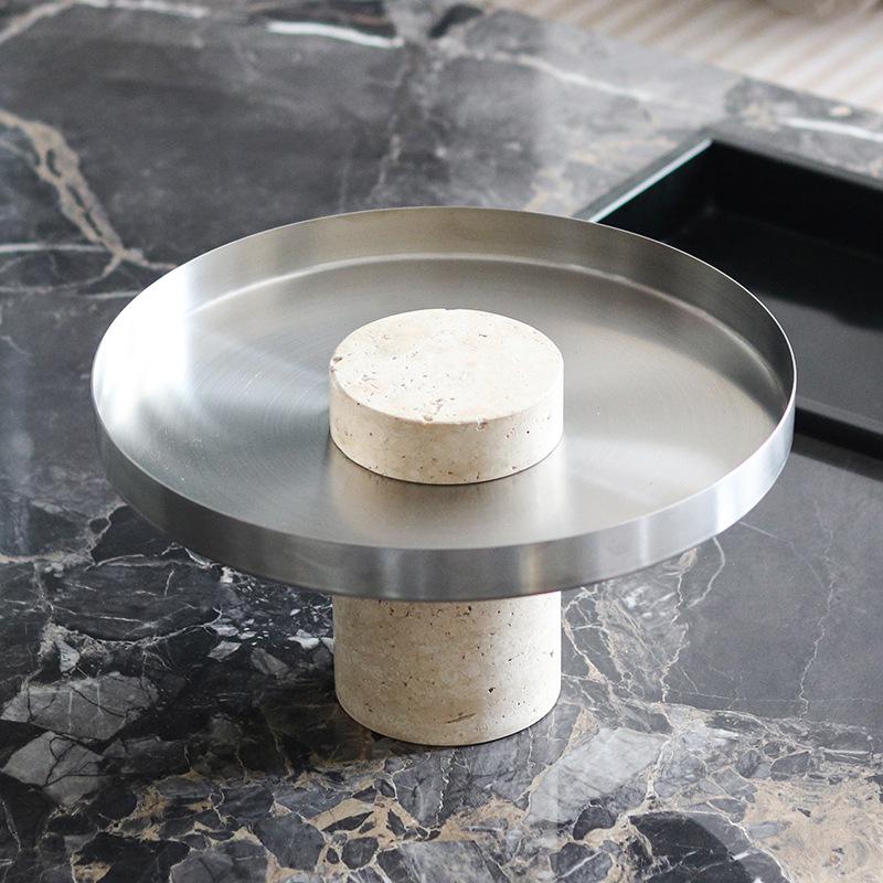 Wabi-sabi-stil Imitation Travertin Hög Rund Fruktfat Ornament Hotellrum B&B Terum Snackfat Mjuka Dekorationer