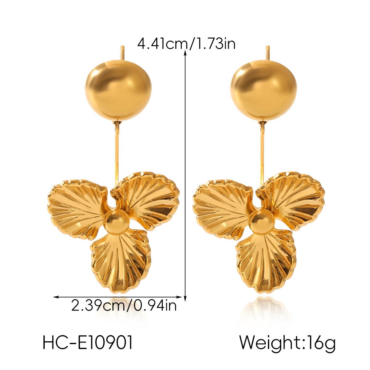

18k Gold Stainless Steel Hemispherical Studs Three-petal Flower Drop Earrings Versatile Titanium Steel Earrings for Women