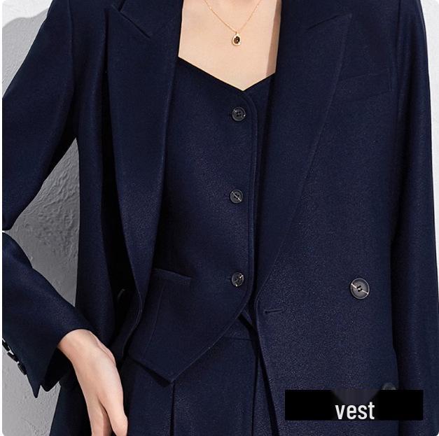 

Весенне-осенний темно-синий двубортный костюмный набор - жилет и брюки для офисной носки Extra Large