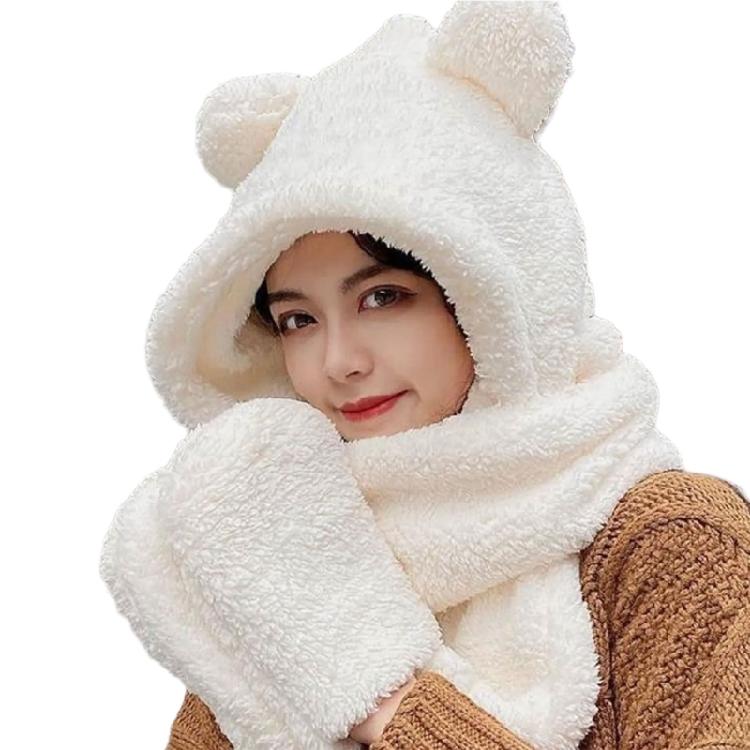 3 in 1 Girl Scarf Bear Hat Furry Caps Scarf with Gloves Set Winter Warm Headgear for Casual Outdoor Wear