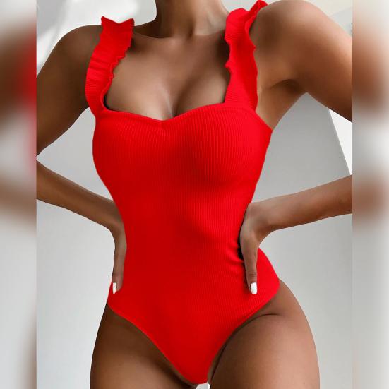 Square Collar Backless Ribbed Women Monokini Ruffle Shoulder Straps Solid Color One-piece