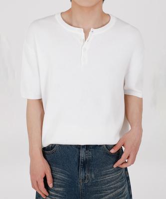 Opeumeideu Summer Washable Semi-Muscle Fit Crop Henley Neck Short Sleeve Knit